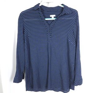 J Jill Blue Navy V‑Neck Long Sleeve Plaid Tunic Womens Small Cotton